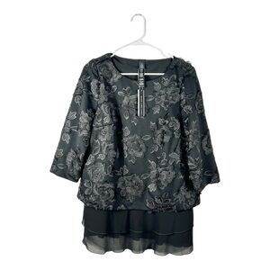NWT Chico’s Black Label‎ Embroidered Black Floral Layered Top